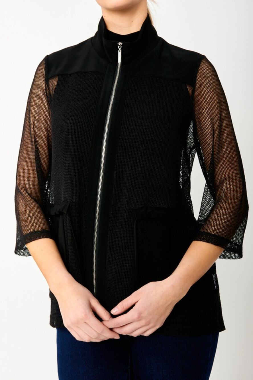 Joseph Ribkoff Black Mesh Zip Front Jacket Size 8 Sheer Utility Party Top 242102
